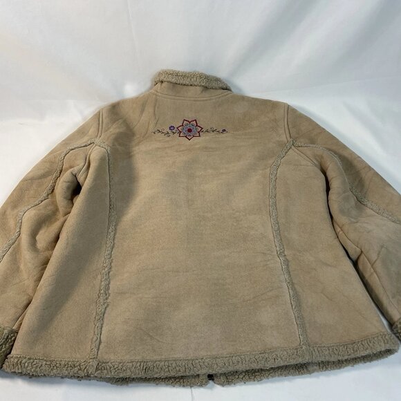 LL Bean Women’s Medium Faux Suede Sherpa Lined Beige Coat – Floral Embroidery - Picture 2 of 4